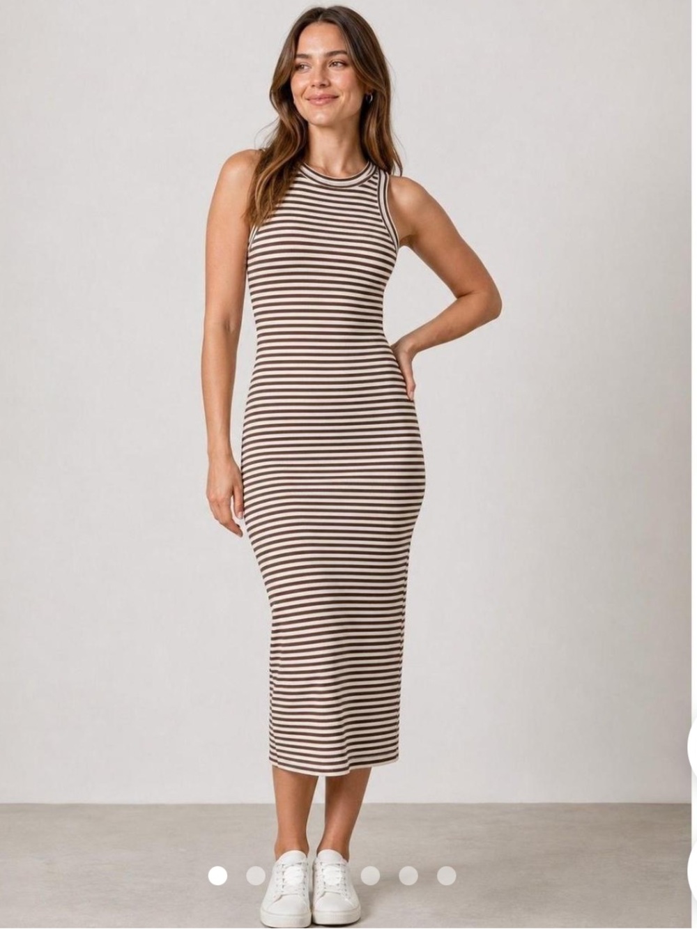 LOFT Brown and Cream Striped Ribbed Midi Dress